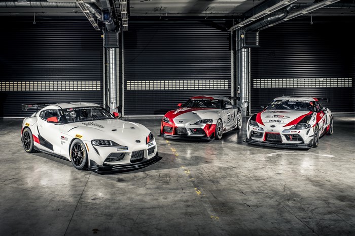 Three Toyota GR Supra GT4 race cars