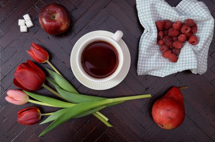 Raspberries, Apples, Pears, Tulips, Tea, and Sugar
