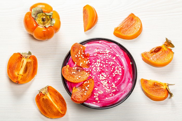 Persimmon Dessert with Smoothie and Sesame Seeds