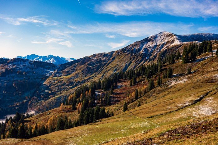 Autumn mountains with snow and trees in Austria