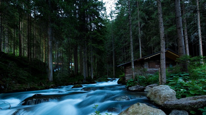 4K River flowing through a forest with a cabin