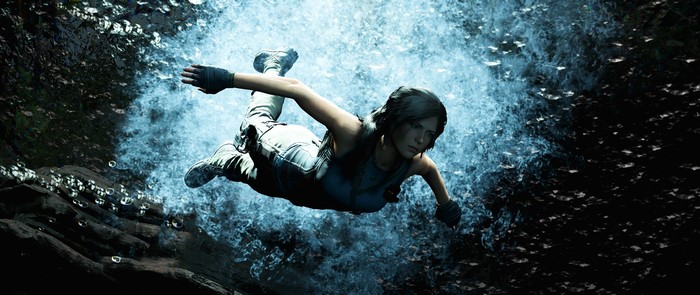 Lara Croft from Tomb Raider swimming underwater