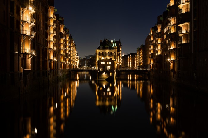 Hamburg Germany Canal at Night with Bridges and Houses