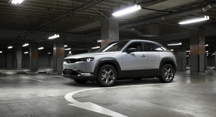 Silver Mazda MX-30 Crossover in Parking Garage