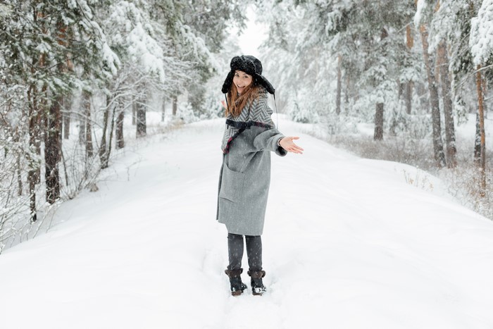 Woman in winter hat and coat in snowy forest