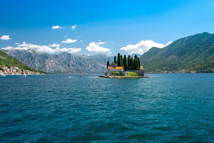 Island with church in Bay of Kotor, Perast, Montenegro