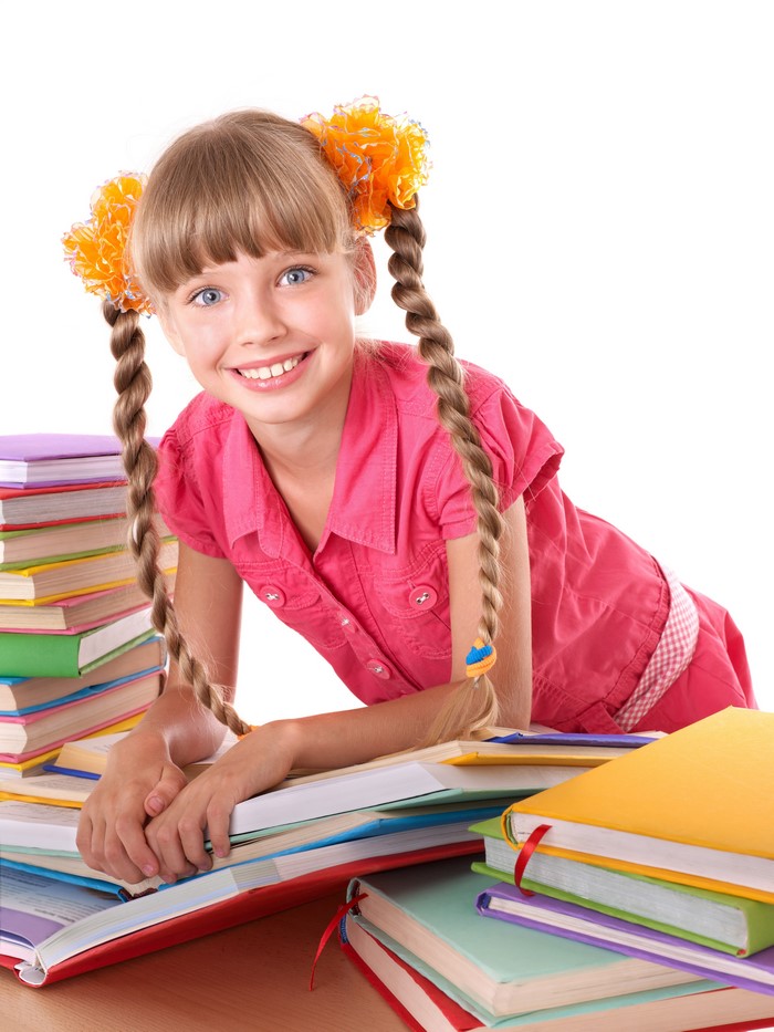 Smiling Girl with Braided Hair and Colorful Books