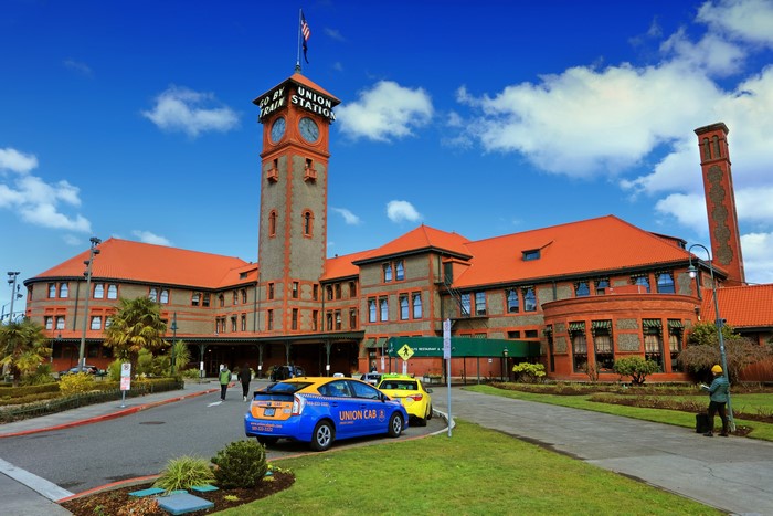 Union Station in Portland, Oregon with taxis