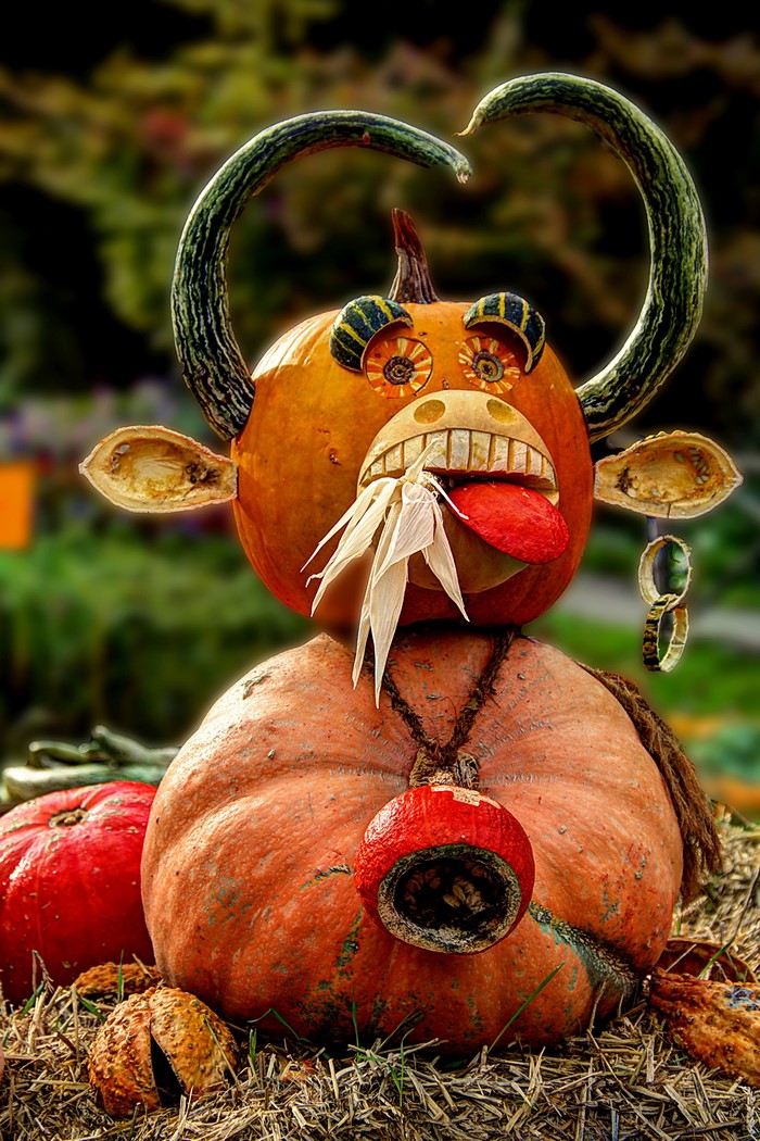 Creative Pumpkin Sculpture with Horns and Tongue