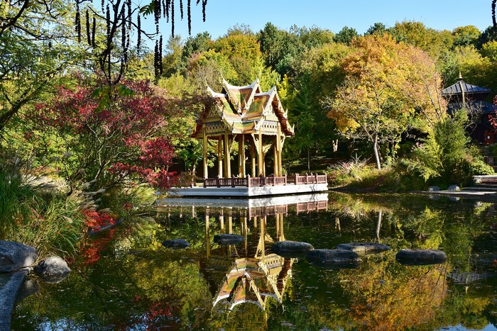 Thai Pagoda in Autumn Pond at Westpark, Munich