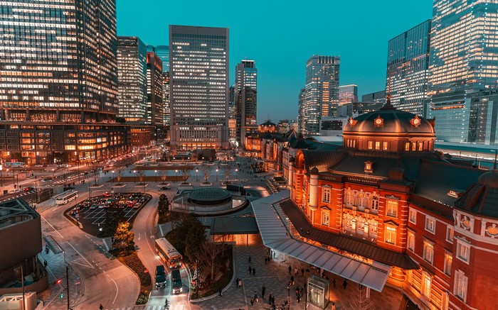 Tokyo Station at Dusk with Modern Buildings