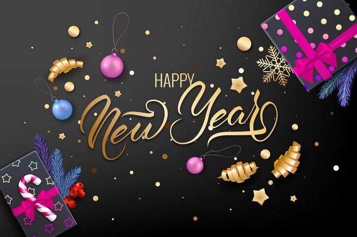 Happy New Year Greeting Card with Gifts and Ornaments