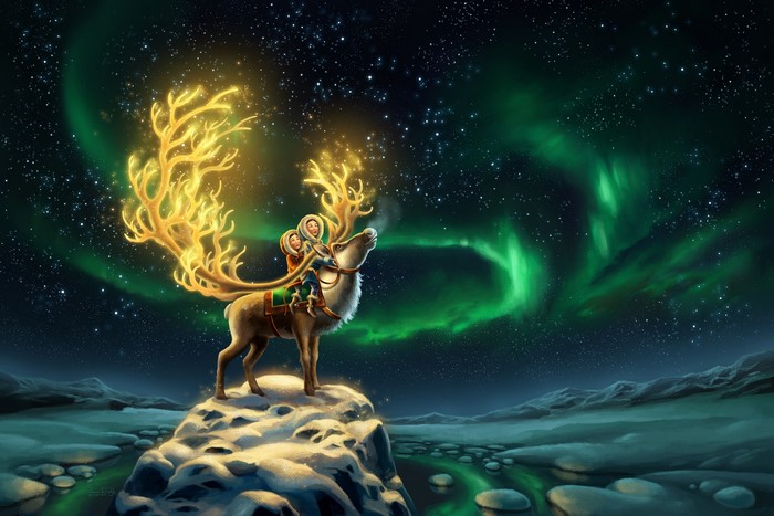 Reindeer with glowing antlers and children under aurora