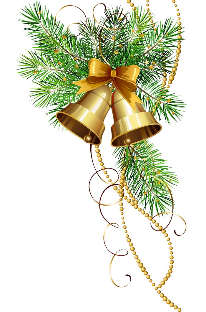 Christmas pine branches with golden bells and beads