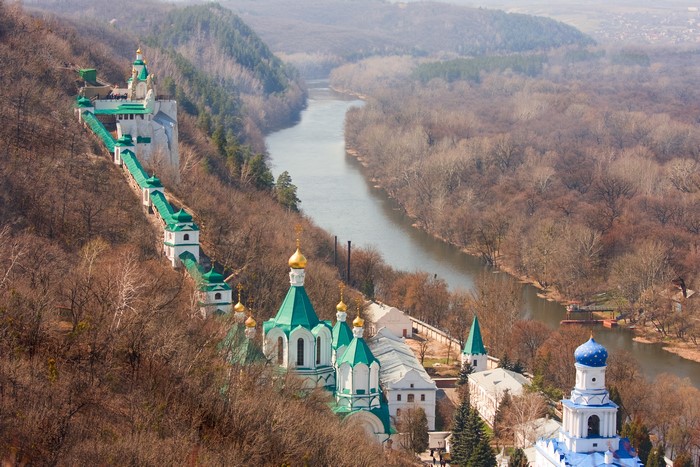 Sviatohirsk Lavra Monastery on a River in Autumn
