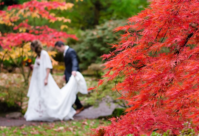 Bride and Groom in Autumn Garden