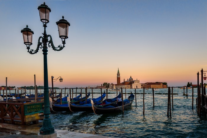 Venice Italy Gondolas at Sunset with Street Lamp