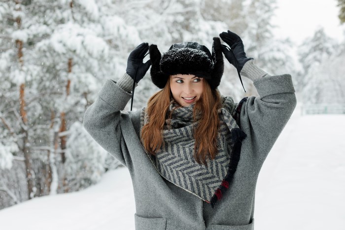 Woman in Winter Hat and Coat in Snow