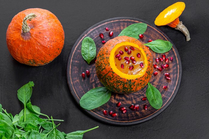 4K Pumpkin Soup with Pomegranate and Spinach