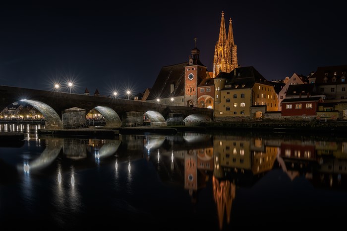 Regensburg Stony Bridge and Cathedral at Night
