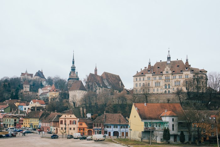 Sighisoara, Transylvania, Romania cityscape with historic buildings