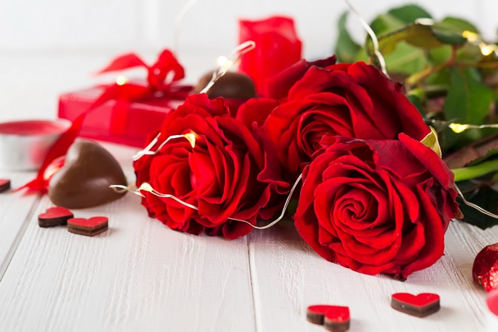 Red Roses, Chocolate Hearts, and Gift for Valentine's Day