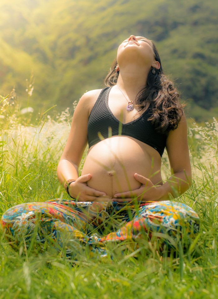 Pregnant Woman Meditating in Sunlit Grass