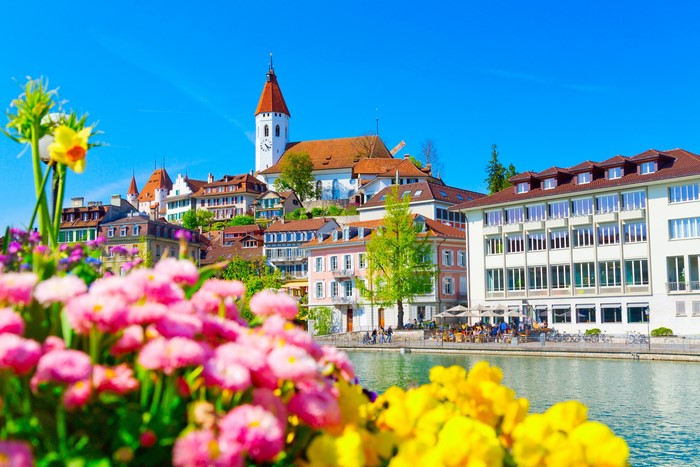 Thun, Switzerland with Aare River and Flowers