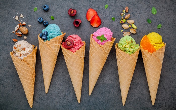 Assortment of Ice Cream Cones with Berries and Nuts