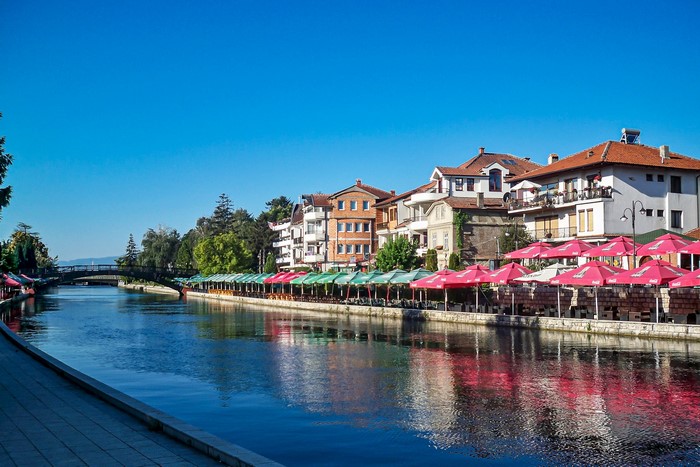 Riverfront cafes and buildings in Struga, Macedonia