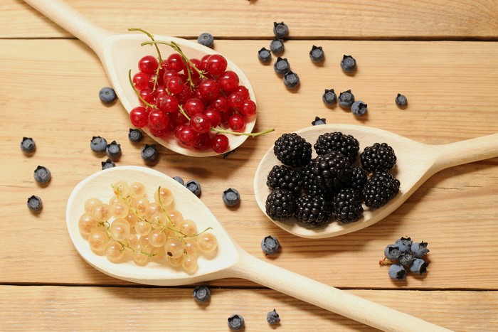 Red Currants, White Currants, Blackberries, and Blueberries on Spoons