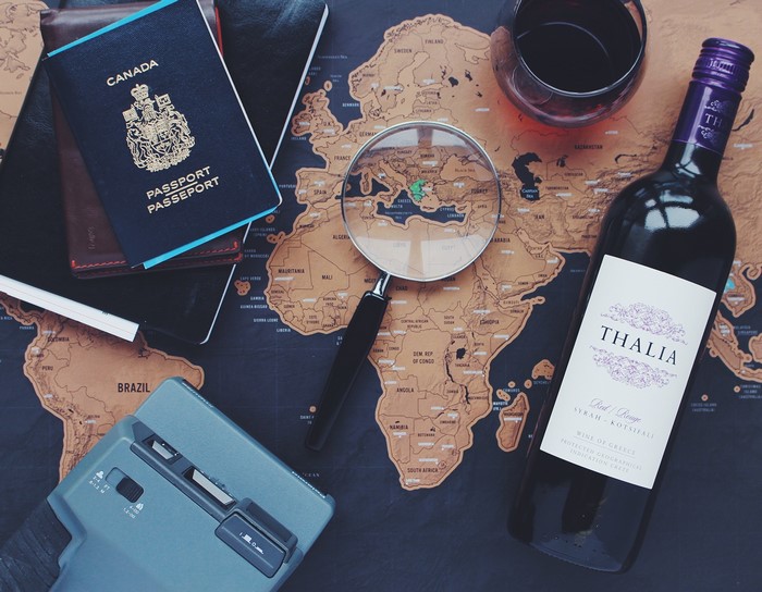 Travel items on a world map