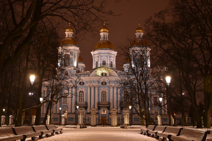 St. Nicholas Naval Cathedral in St. Petersburg, Russia at Night