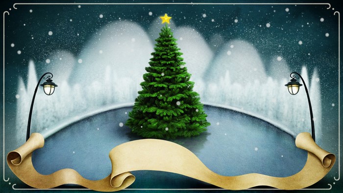 Christmas tree with snow and street lights
