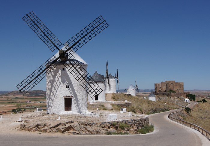 Consuegra windmills and castle in La Mancha, Spain