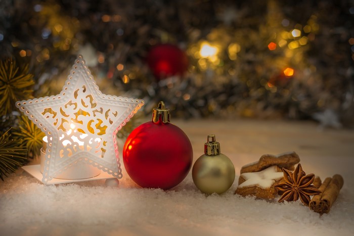 Christmas star decoration, ornaments, and cookies