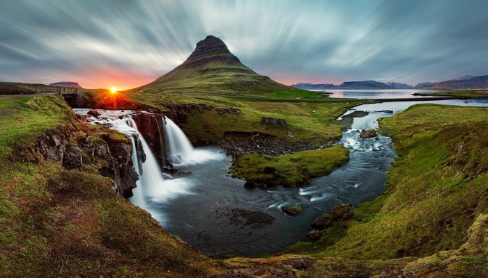 Kirkjufell Mountain and Waterfall in Iceland at Sunset