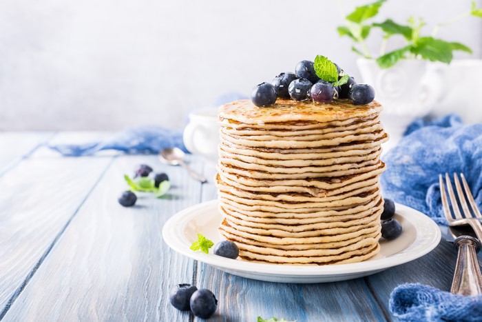 Stack of Pancakes with Blueberries and Mint