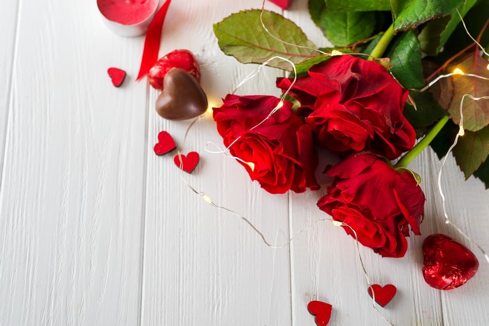 Red Roses and Heart Chocolates with Fairy Lights