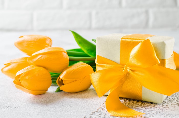 Yellow Tulips and Gift Box with Orange Bow