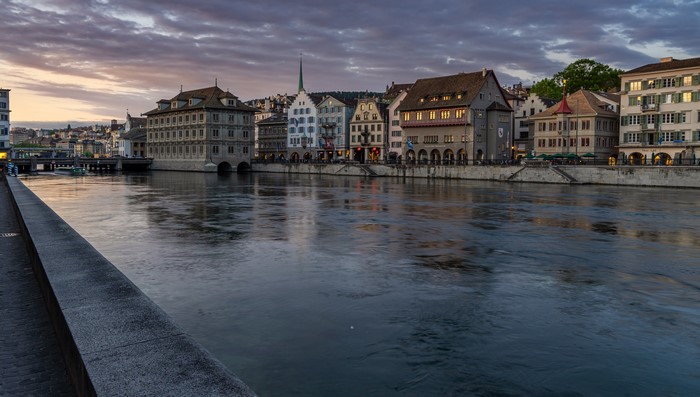 4K Limmat River in Zurich, Switzerland at Sunset