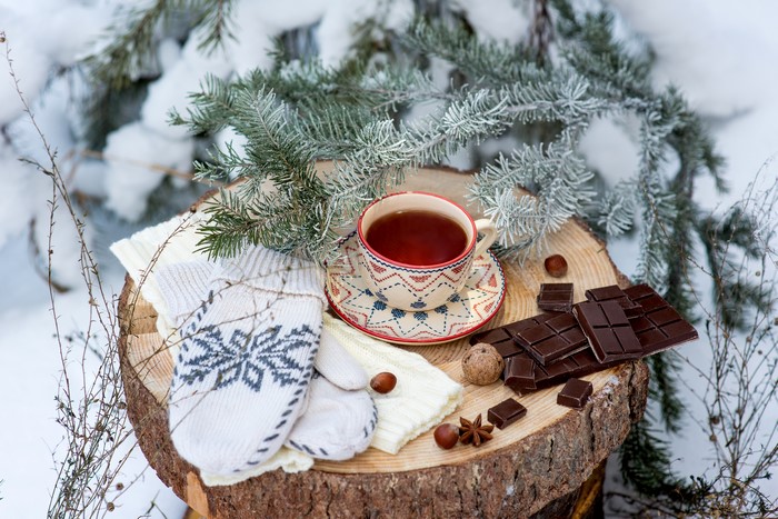 Winter scene with tea, chocolate, and mittens on a tree stump
