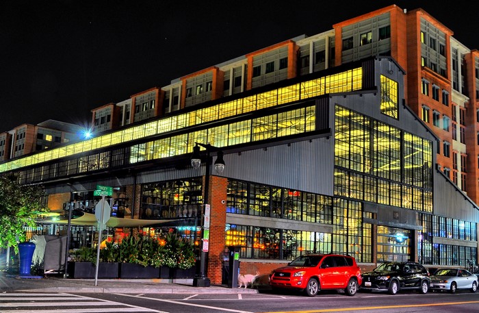 Modern building with large windows at night