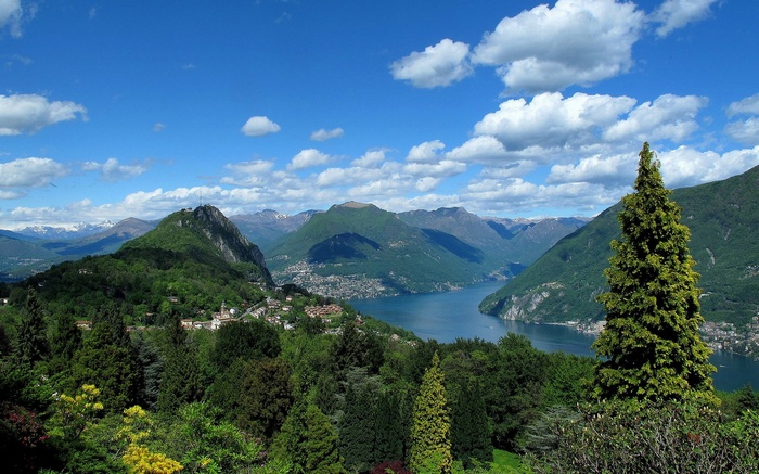 Lake Lugano with mountains and trees
