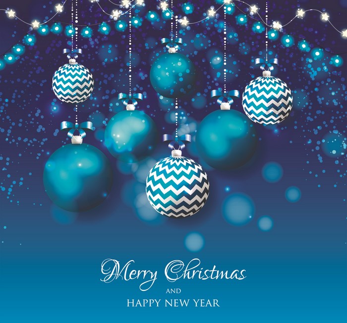 Christmas ornaments and fairy lights on a blue background