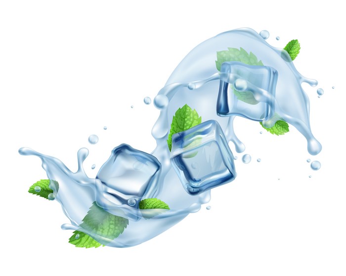 Ice cubes and mint leaves in water splash