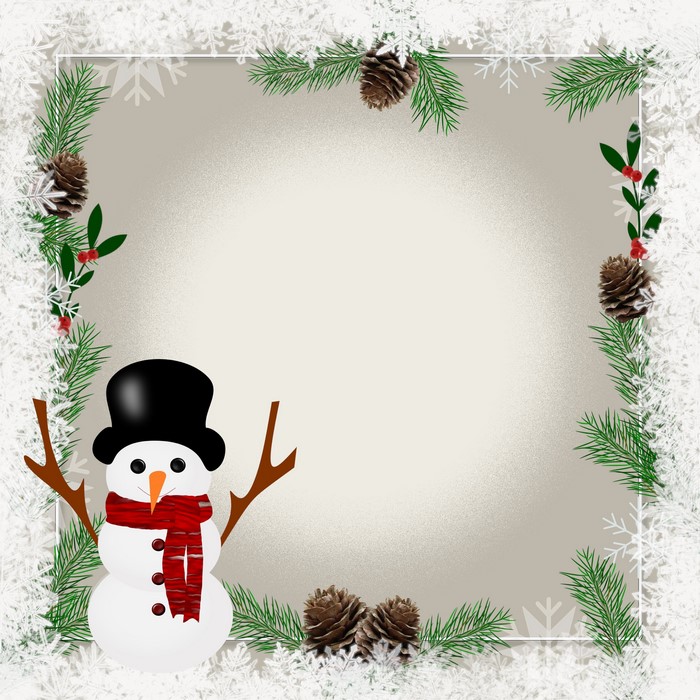 Snowman with Christmas border and snowflakes