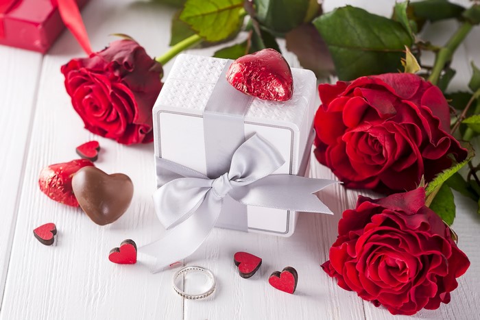 Valentine's Day gift with red roses and heart chocolates