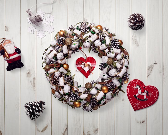 Christmas wreath with Santa Claus and pine cones