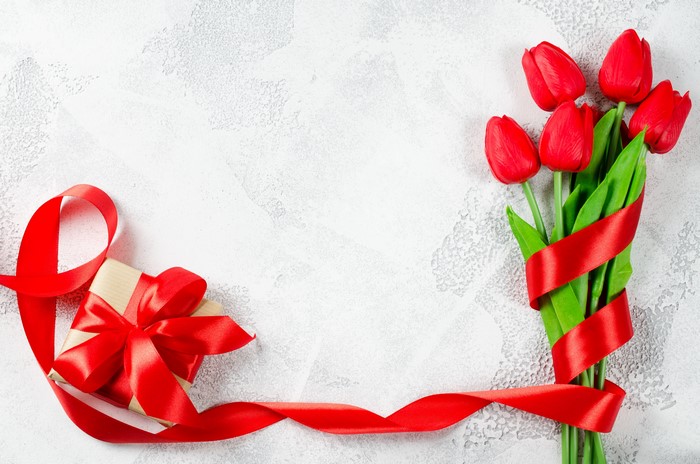 Red Tulips and Gift with Red Ribbon